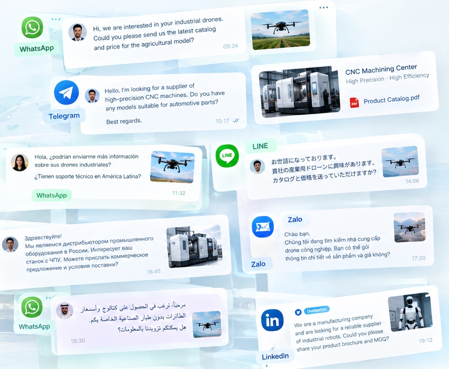 多渠道获客示意:WhatsApp、Telegram、LINE、邮件与LinkedIn询盘卡片;对话和客户信息为示例